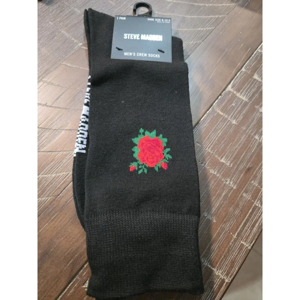 Steve Madden Men's Crew Socks 2-Pair Black with Rose 6-12.5 NWT